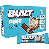 BUILT Puff Protein Bars, Coconut, 17g Protein - 12 Count | Protein Snacks with Whey &amp; Collagen, Gluten Free, Candy Bar Taste
