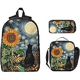Starry Night Sunflower Cat School Backpack Kids Girls Boys Teens 3PCS Bookbag with Lunch Box Pencil case Set Lightweight Bag