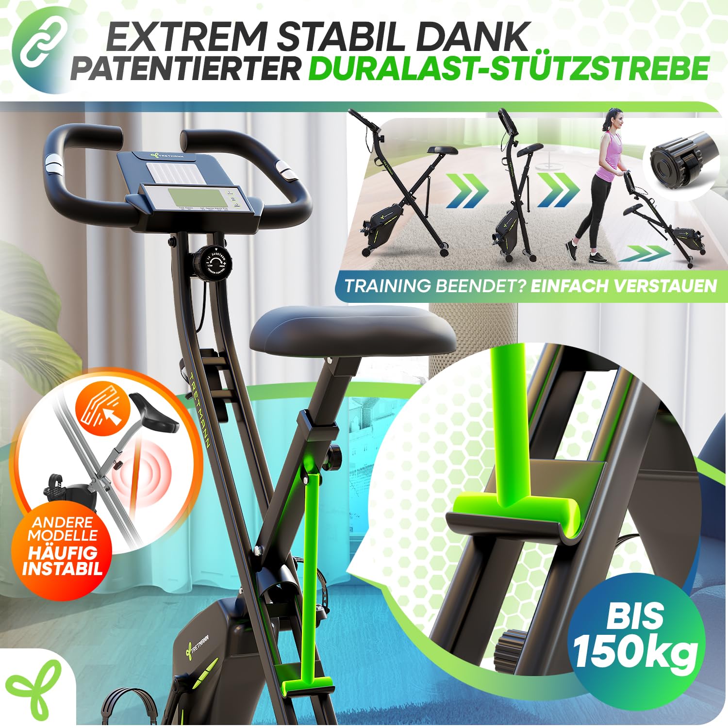 Neu Tretmann Hometrainer fahrrad Klappbar Set-extra bequem & leise- [RelaxFoam] bis 150KG Belastbar Ergometer, Heimtrainer fahrrad, Ergometer Heimtrainer Senioren, Fitnessbikes 5