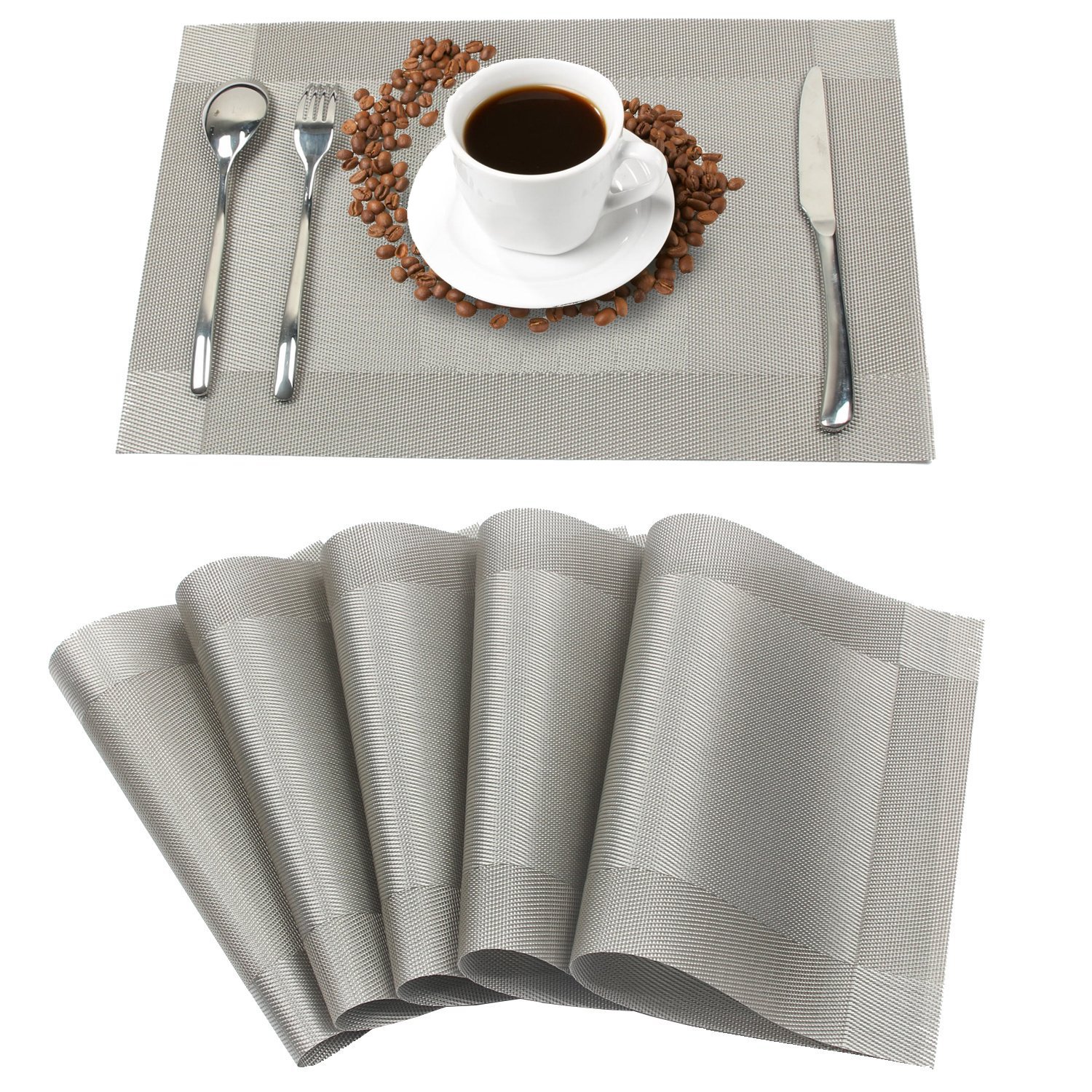 ZhengYue Place Mats Non-slip Insulation Kitchen Silver Grey PVC Placemats Heat Insulation Stain-resistant Dinning Table Mats Set of 6