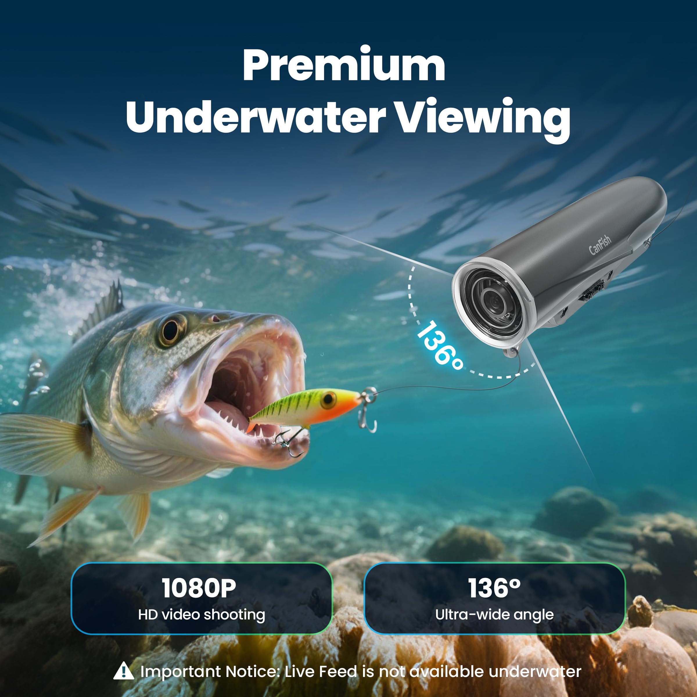 CanFish Fishing CamX Fishing Finders Camera,Lure Action Camera HD 1080P &136°Ultra-Wide-Angle,656FT ROV Waterproof/Motion Sensing/Segmented Intelligent Recording/Wireless Charge/App Compatible (Grey)
