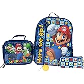 AI ACCESSORY INNOVATIONS Super Mario Brothers 5 PC Backpack Set, Girls & Boys School Bag 16” with Front Zip Pocket, Blue