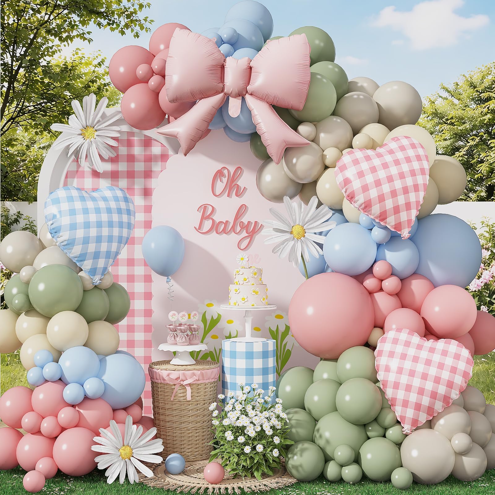 Silly Goose Balloon Arch with Checkered Heart Bow Foil Balloons, Pink Blue Sage Green Sand White Ivory Balloon Garland for Girls Boys First Birthday Baby In Bloom Baby Shower Flower Fairy Tea Decor