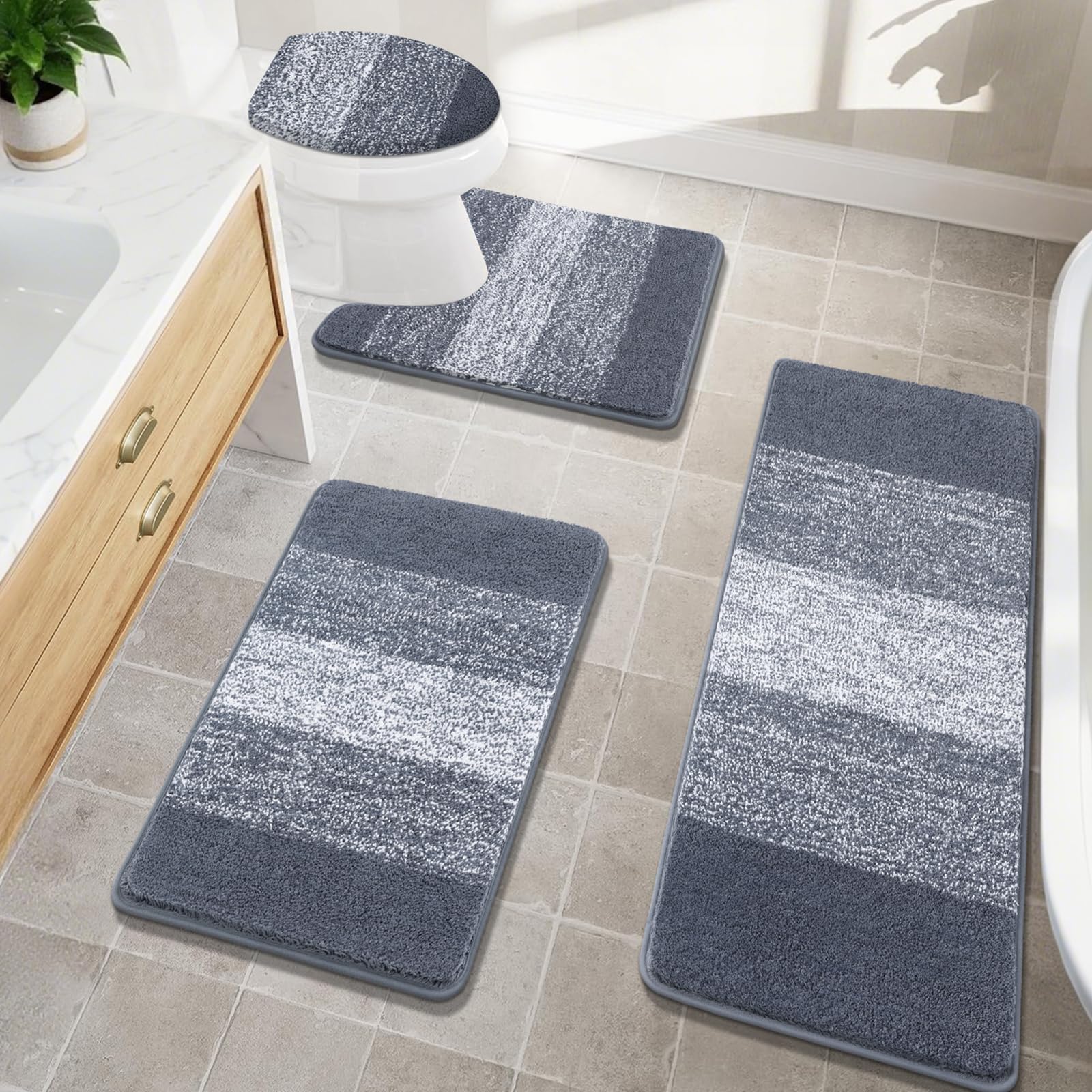 Photo 1 of ***ONLY 2*** Bsmathom Bathroom Rugs Sets 4 Piece, Soft Absorbent Microfiber Bath Rugs with U-Shaped Contour Toilet Rug and Toilet Lid Cover, Thick Non-Slip Plush Shaggy Bath Mat Set,Dark Gray