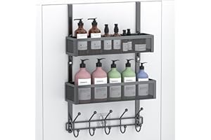 Aimeaihe Adjustable Over The Door Hooks Organizer, Door Hanger Coat Rack with 2 Mesh Baskets and 10 Hooks, Back of Door Storage Organizer for Bedroom,Bathroom,Kitchen (Black)