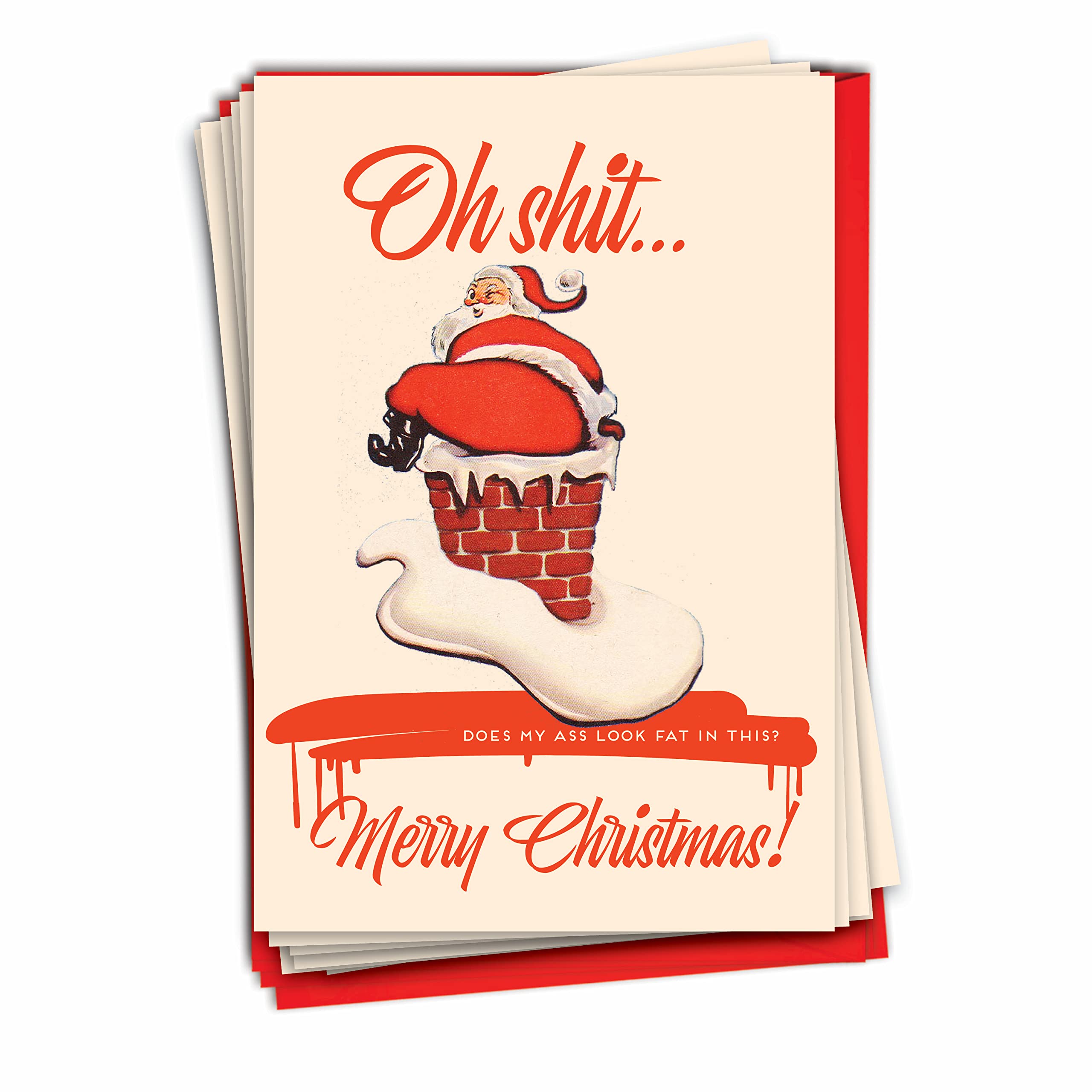 NobleWorks - 12 Funny Merry Christmas Cards (1 Design, 12 Cards) - Adult Humor Notecard Set for Christmas, Boxed Holiday Greetings - Fat Santa C6699XSG-B12x1
