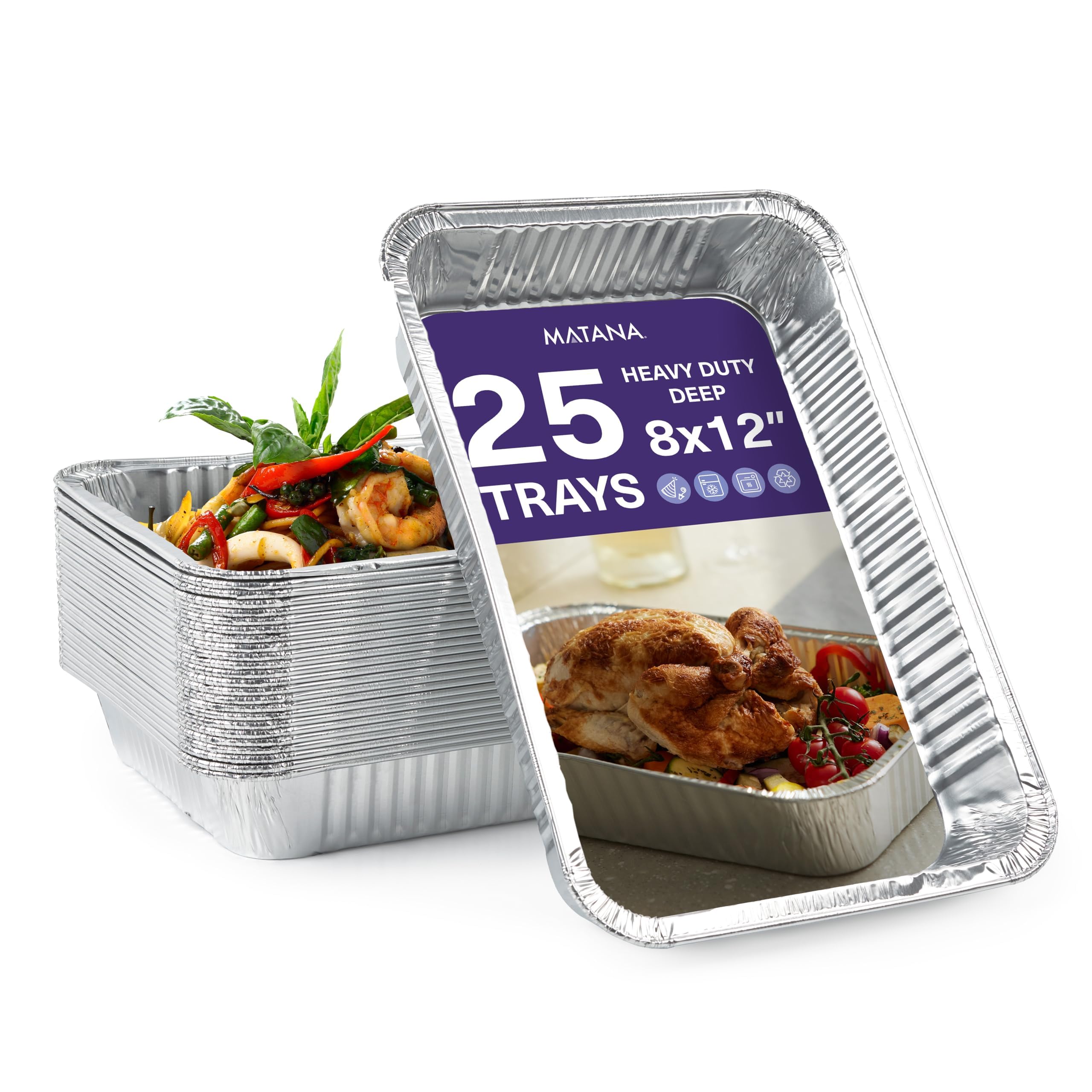 MATANA 25 Heavy-Duty Aluminium Foil Trays - 31×21cm (2000ml) - Roasting & Baking Pans, Baking Tins Cooking, Meal Prep, Catering & BBQ - Disposable or Reusable Food Containers, Oven & Freezer Safe