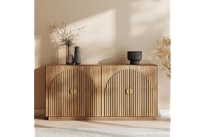 BELLEZE 65 Inch Fluted Buffet Cabinet with Storage, Symmetrical Arc Accent Sideboard Large Console Table for Dining Room, Kitchen, and Living Room (Caramel Brown)