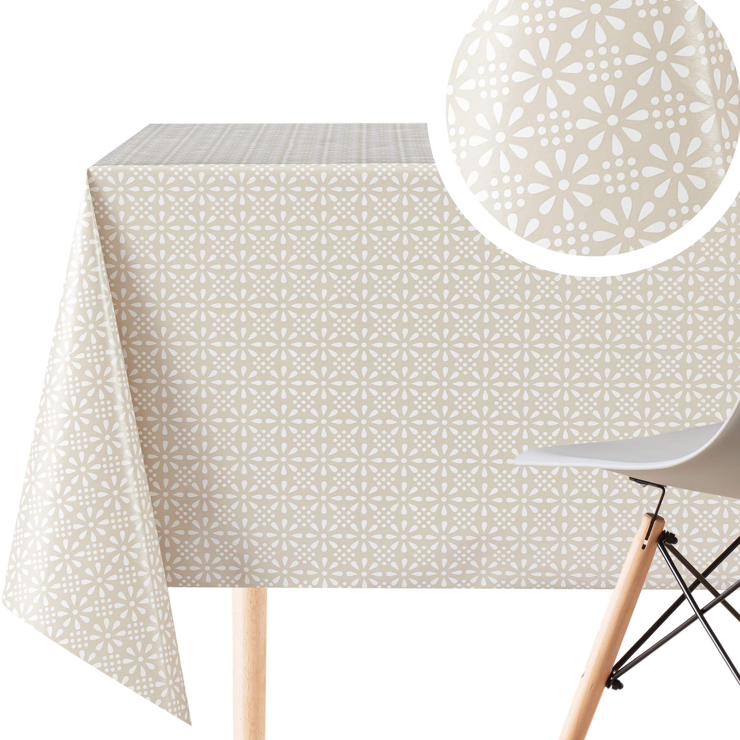 KP HOME Charming Beige Tone PVC Wipe Clean Table Cloth Square 140x140cm | 55x55In - 4 Seats Wipeable Tablecloth - Waterproof Vinyl Oilcloth | Cream Tone Geometric Retro Flower Floral Motif