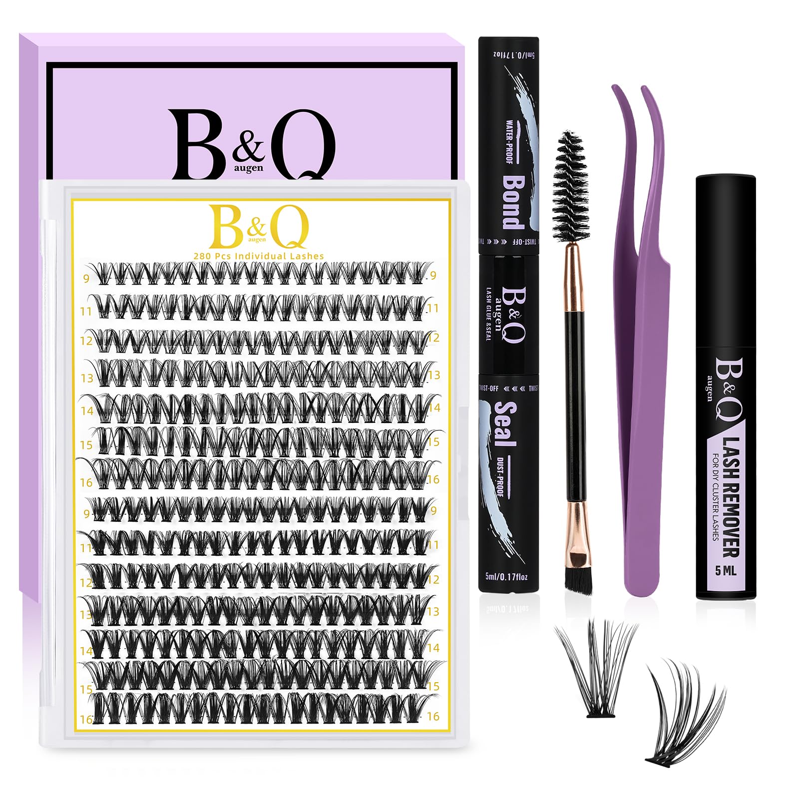 B&Q DIY Eyelash Extension Kit 280 PCS Cluster Lashes Kit C 9-16MIX Diy Lash Extensions Kit with Lash Bond and Seal Lash Remover Lash Applicators for Lash Clusters Lash Kit (Kit-30D+40D-C Curl 9-16mm) — image 1