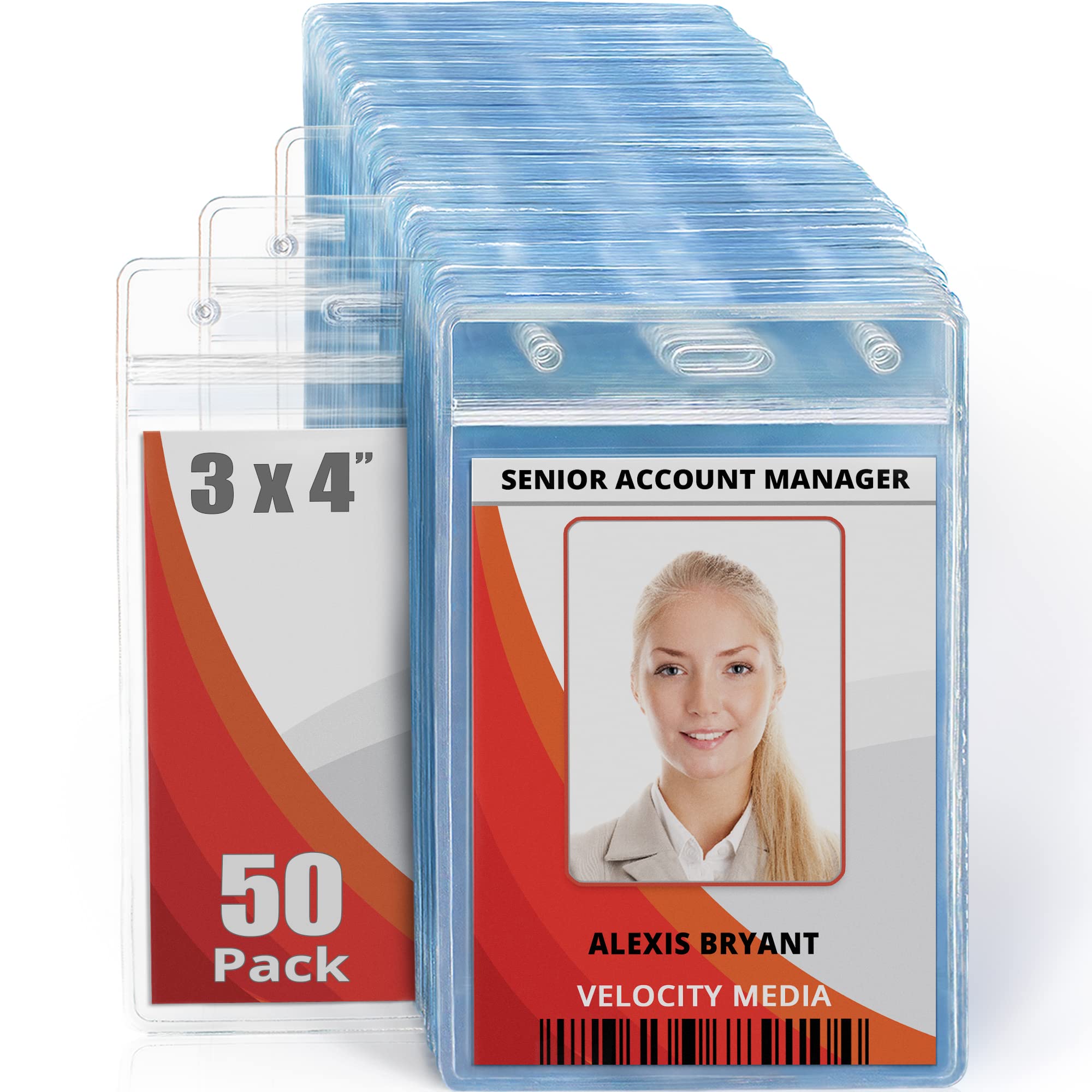 MIFFLIN Large (L) Vertical ID Badge Holders (Clear, 76x102 mm, 50 Pack), Plastic Nametag Covers with Zipper, Name Tag Holder