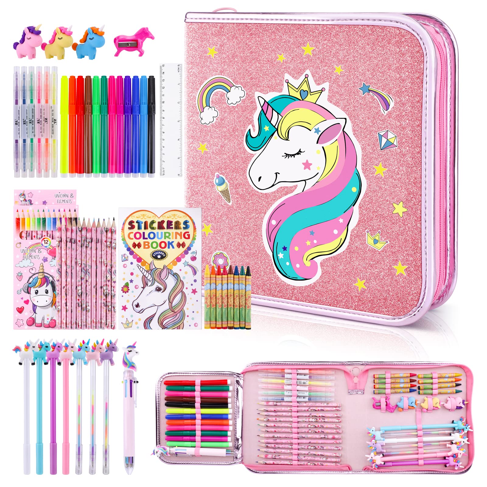 JYPS Unicorn Gifts for Girls 4 5 6 7, Colouring Sets for Children, Arts and Crafts for Kids, 3-8 Years Old Girls Gifts Toys, Birthday Presents Age 5-10, Pencil Case Stationary Sets