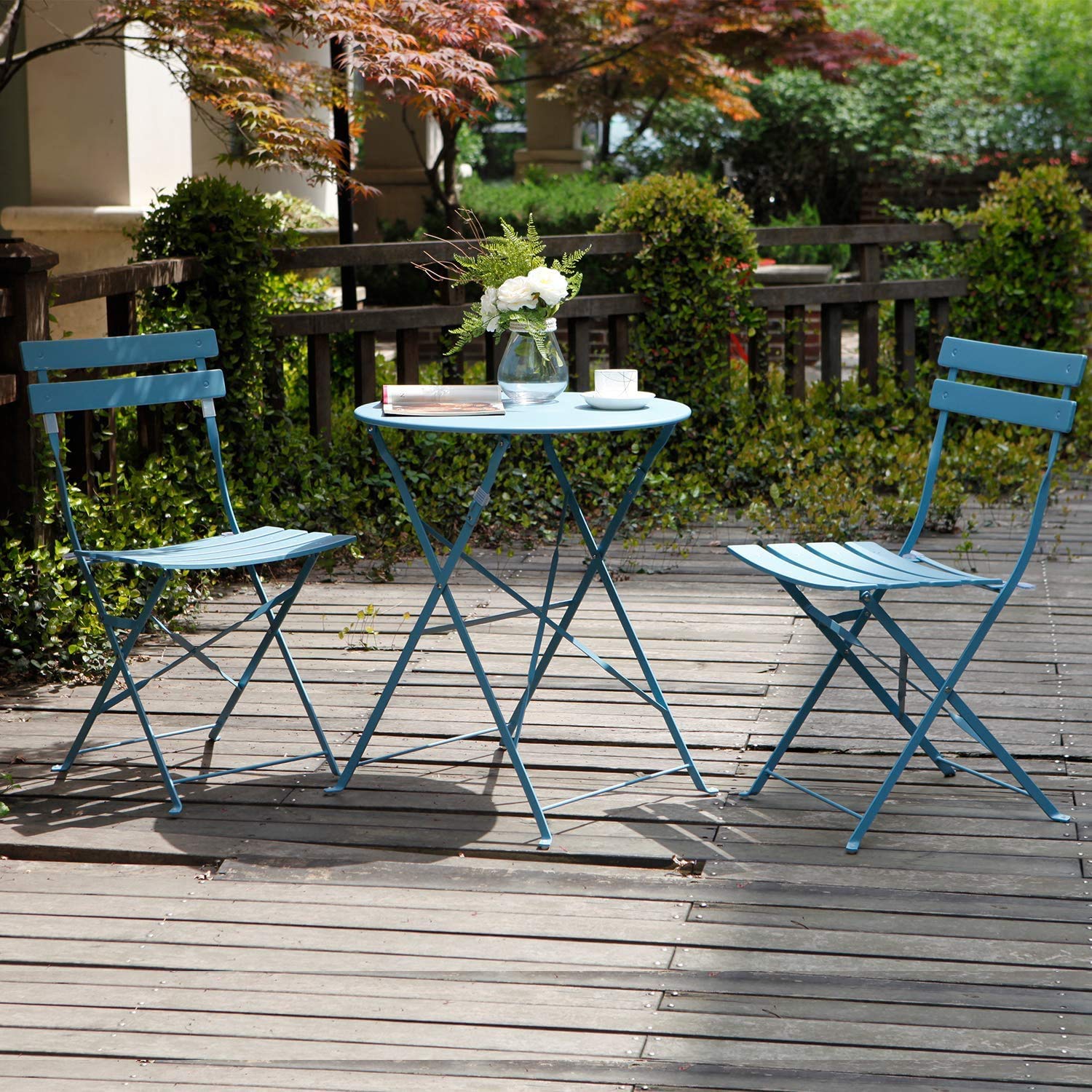 Grand patio Bistro Set 3 Pieces, Garden Furniture Set, Folding 2 Chairs and 1 Table, Weather-Resistant, Patio Table Chairs for Balcony,Yard, Garden (Blue)