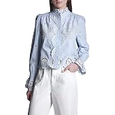 BCBG Women's Woven Long Sleeve Scalloped Hem Lace Detail Top