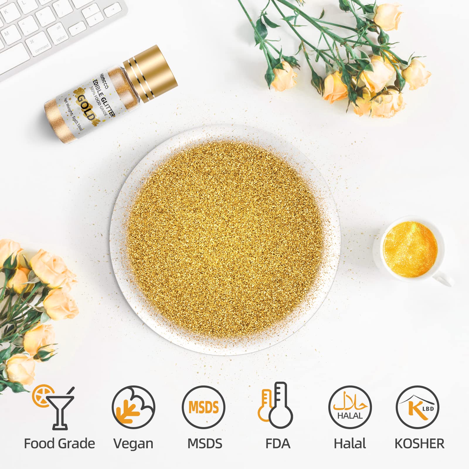 Edible Glitter for Drinks, 5g Edible Shimmer for DIY Wine Cocktails Champagne Beverages, Food Grade Coloring Gold Glitter Dust Kosher & Halal Certified, Vegan, Gluten Free, Nut Free Dye