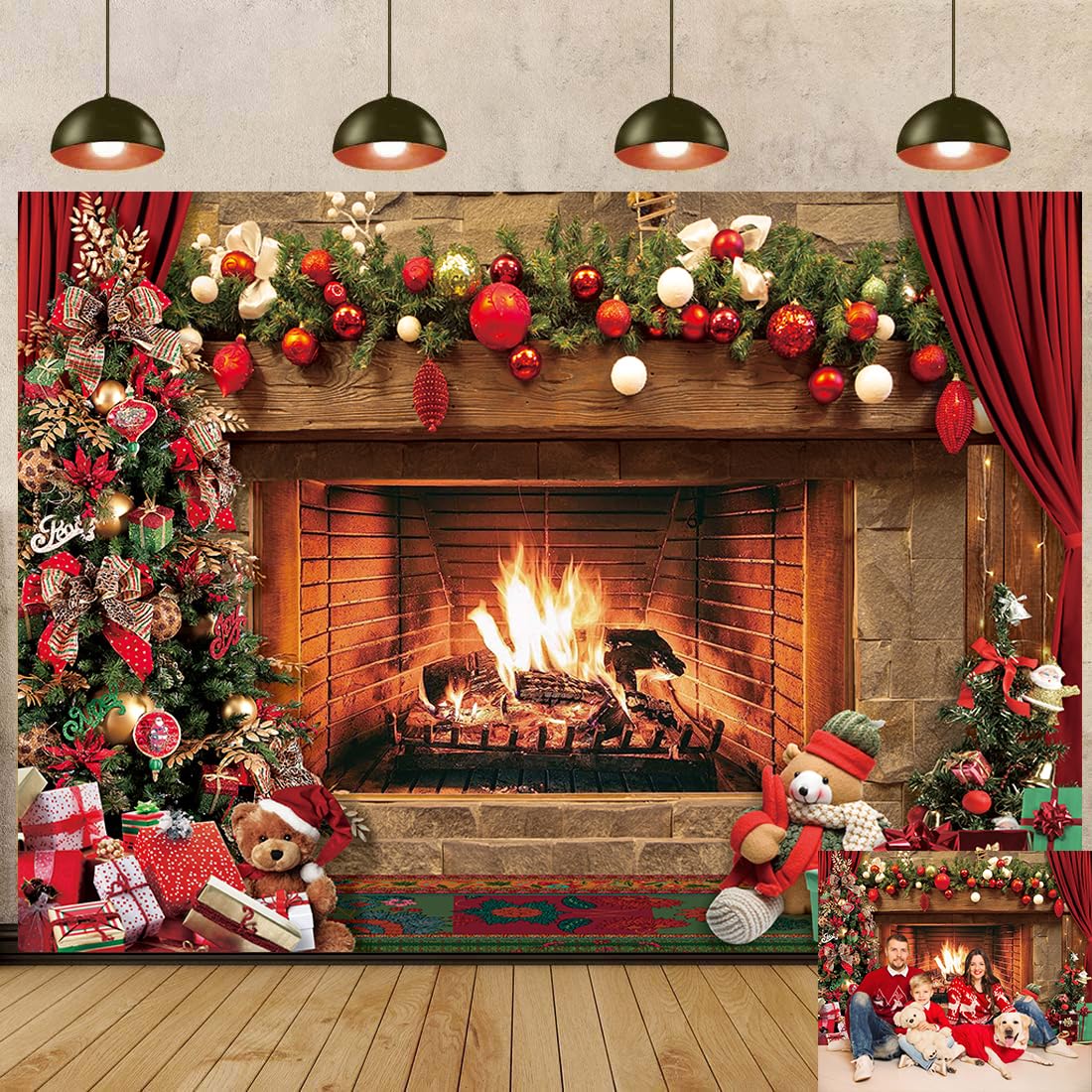 Christmas Fireplace Backdrop 8X6FT Vintage Red Xmas Tree Gifts Photography Backdrop Merry Christmas New Year Eve Family Holiday Photo Background