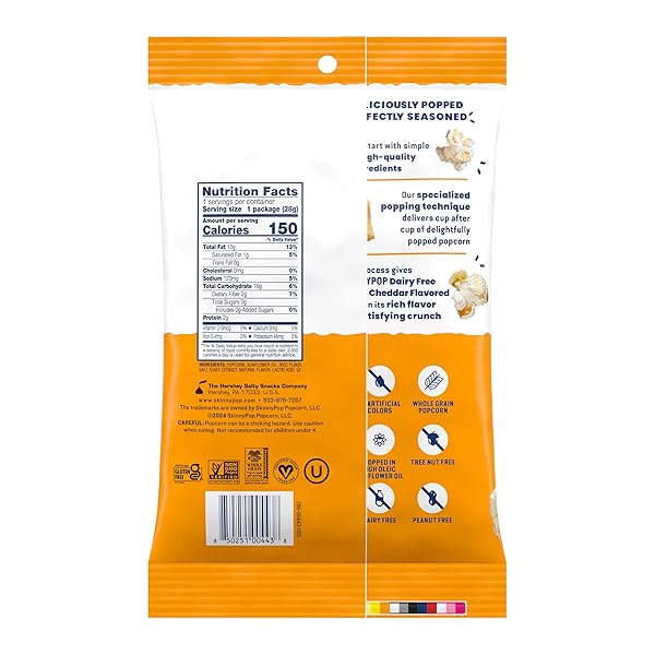 SKINNYPOP POPCORN, WHITE CHEDDAR, WHOLE GRAIN, DAIRY-FREE SNACK, 1OZ BAGS (12CT)