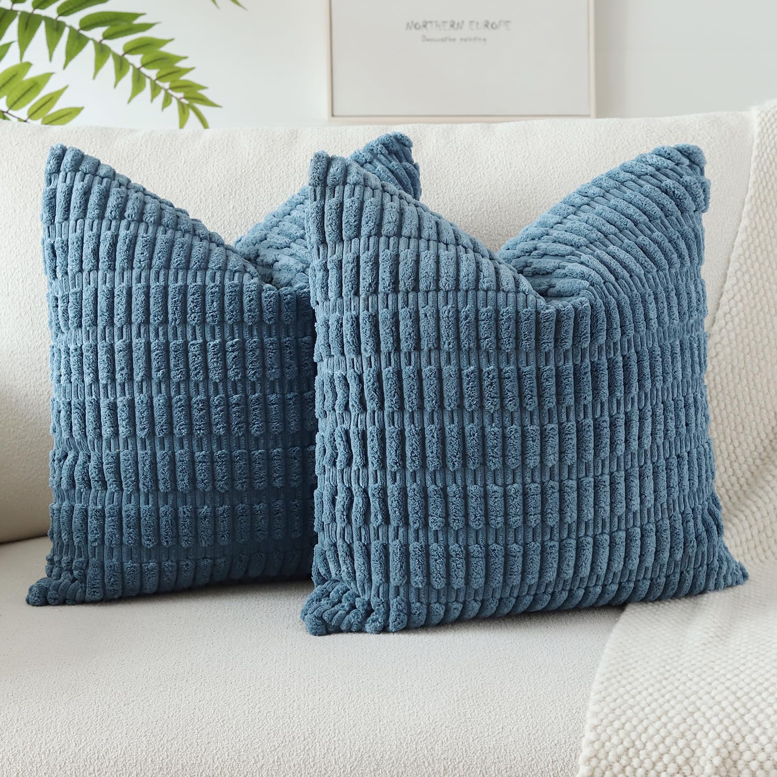 JOTOM Pack of 2 Corduroy Soft Striped Cushion Covers 40x40 cm 16x16 Inch Boho Decorative Throw Pillow Covers Square Cushion Case Home Decor Pillow Cases for Couch Sofa Living Room Bed (Dusty Blue) — image 1