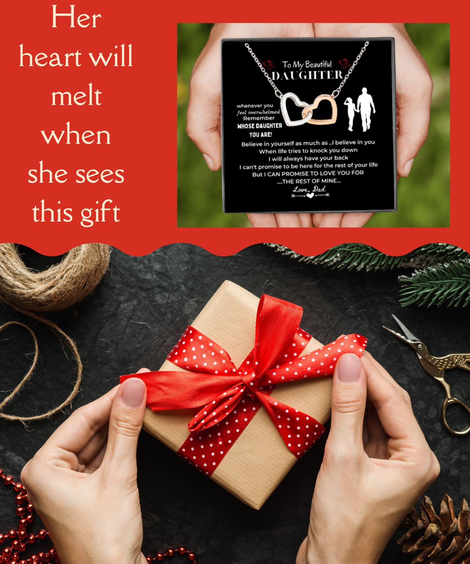 LOTUS-A Silver Necklace Daughter Gifts from Dad - S925 Interlock Heart Necklace with a Message Card Present to My Grown Teen Girls from Father on Daughter's Mother's Day Christmas Birthday Graduation