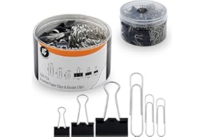 350 Pack Paper Clips and Binder Clips Set by Luxurecourt - Binders & Paperclips Assorted Sizes in Container with Compartments, Silver Paper Clips & Black Binder clips for Home, School, Office Supplies