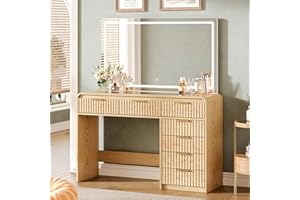 GRUTEUNIT 47“Makeup Vanity Desk with 44.8" Mirror and Lights, Vanity Desk with 7 Drawers, Makeup Vanity Table with a Glass Tabletop, 3 Color Modes & Adjustable Brightness Dressing Table, Bedroom,Oak