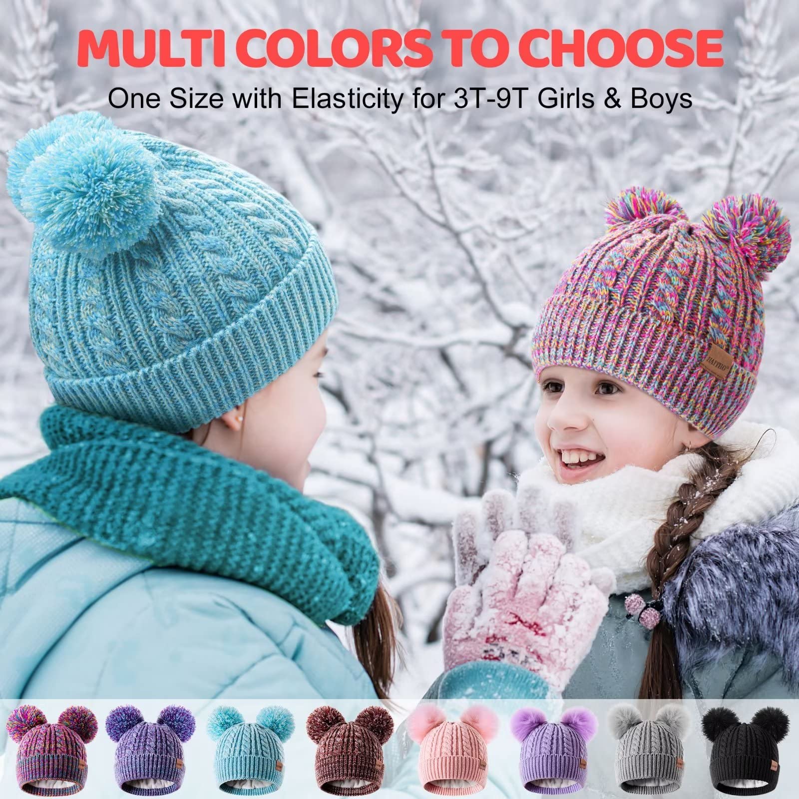 HAITHO Winter Hat for Kids Toddler Children, Girls Beanie with Double Pom Pom Warm Fleece Lined, Girls Accessories Knit Cap