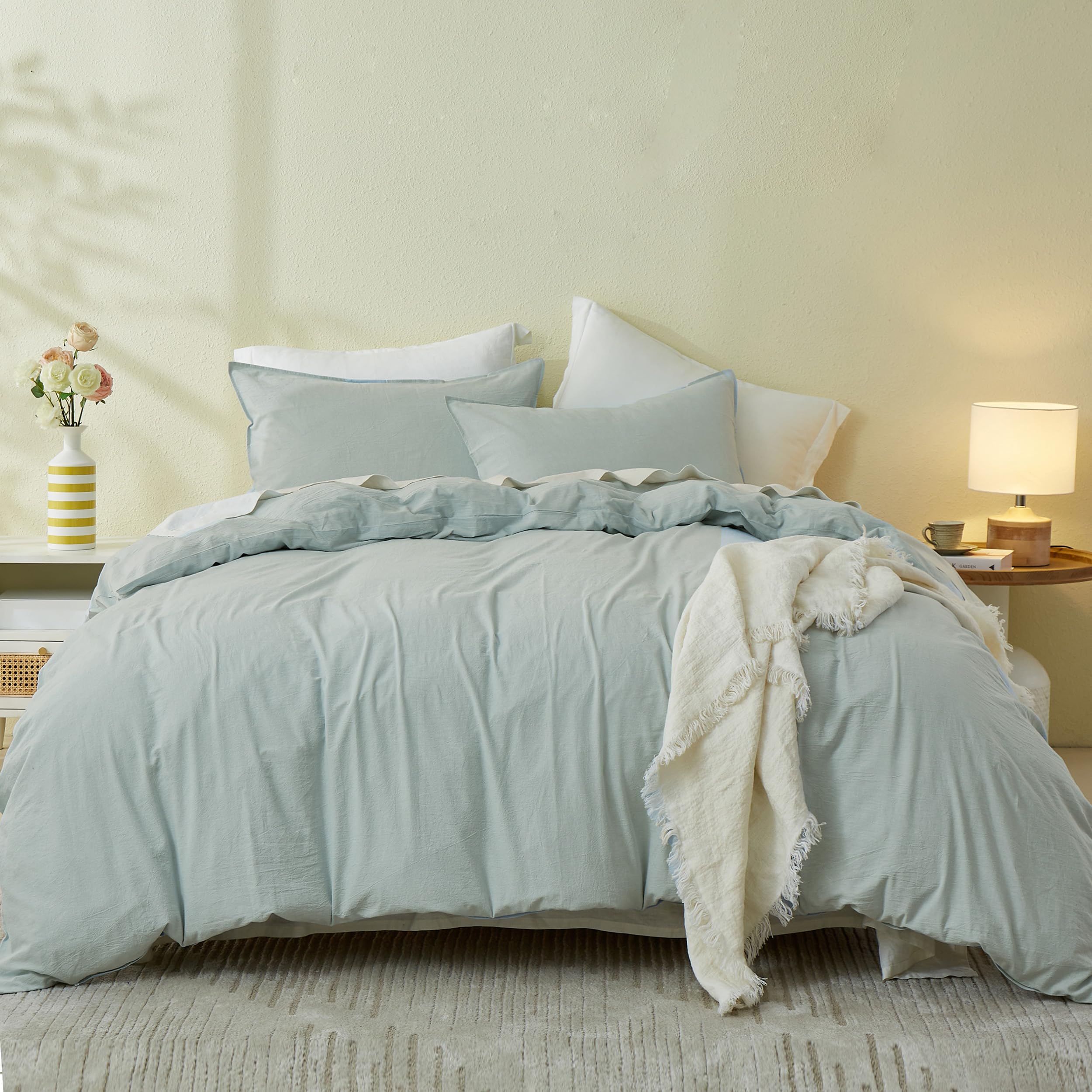 Simple&Opulence King Size Duvet Cover Sets, 100% Washed Cotton Soft Cozy Quilt Cover, 3 Pcs Modern Linen-Look Bedding Set with Zipper Closure (Ice Blue,230x220cm)