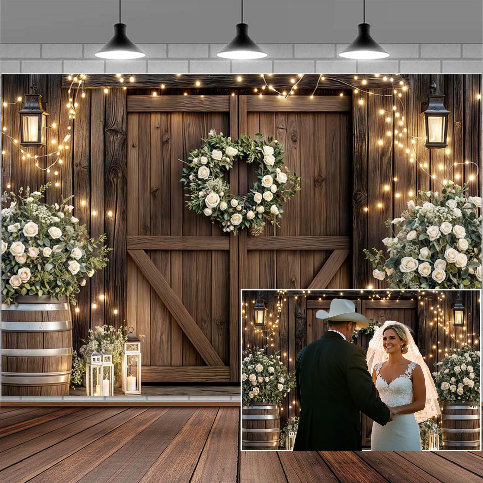 Photo 1 of 10X8FT Wedding Western Backdrops Vintage Country Brown Wooden Barn Door Photo Backdrop Photography Background Wood Plank Anniversary Bridal Baby Shower Birthday Party Photo Shoot Decorations