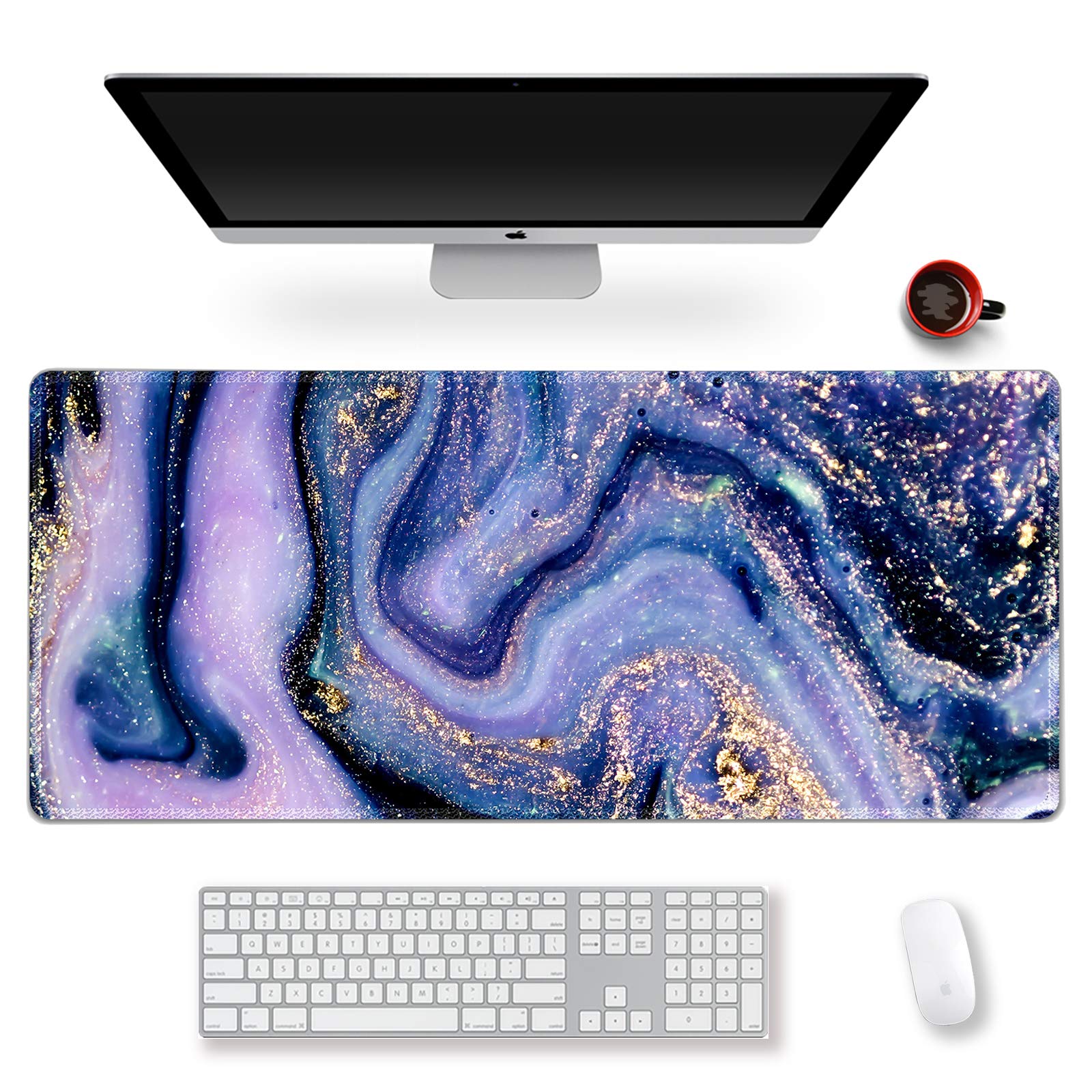 ArtSo Extended Gaming Mouse Pad XXL Large Keyboard Mat Long Mousepad Desk Decor Writing Pad Non Slip Rubber Base Stitched Edges for Work, Game, Office, Home, 35.1 x 15.7, Purple Marble