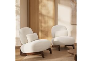 Morden Fort Cloud Boucle Chairs - Modern Accent Chairs Set of 2, Sturdy Tilted Wood Legs with Thick Cushion Comfy Lumbar Pillow Armless Reading Chairs for Living Room Lounge Bedroom - Off White