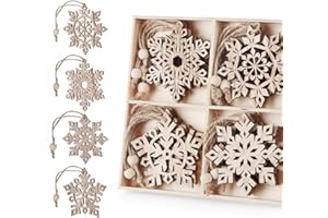 ilauke 16 pcs Unfinished Christmas Wood Snowflake Ornaments - 4 Style of Snowflake Ornaments Bulk with Twine, Christmas Tree Decorations Christmas Surprise Tags(2.75"-3")