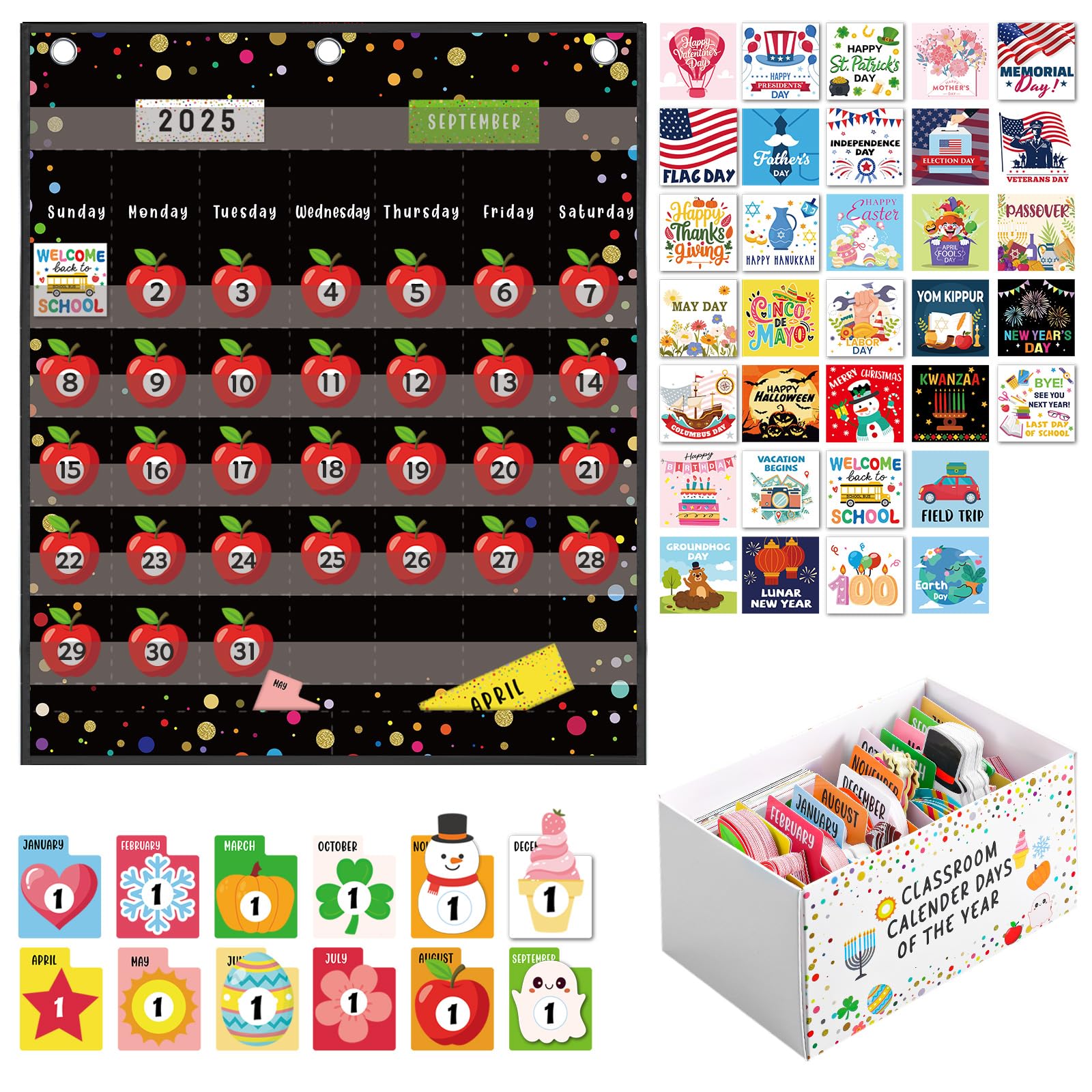 Photo 1 of AmazingSpark 439 Pcs Classroom Calendar Number Days of The Year Set with Confetti Pocket Chart Storage Box and Cards Calendar Numbers for Classroom Bulletin Board School Elementary Learning Activity