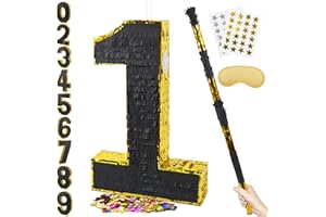 PCFING 20 Inch Number 1 Piñata Gold Black with 30 Inch Piñata Stick Blindfold Confetti for Man Women Kids Birthday Party Decorations, Anniversary Celebration, Fiesta