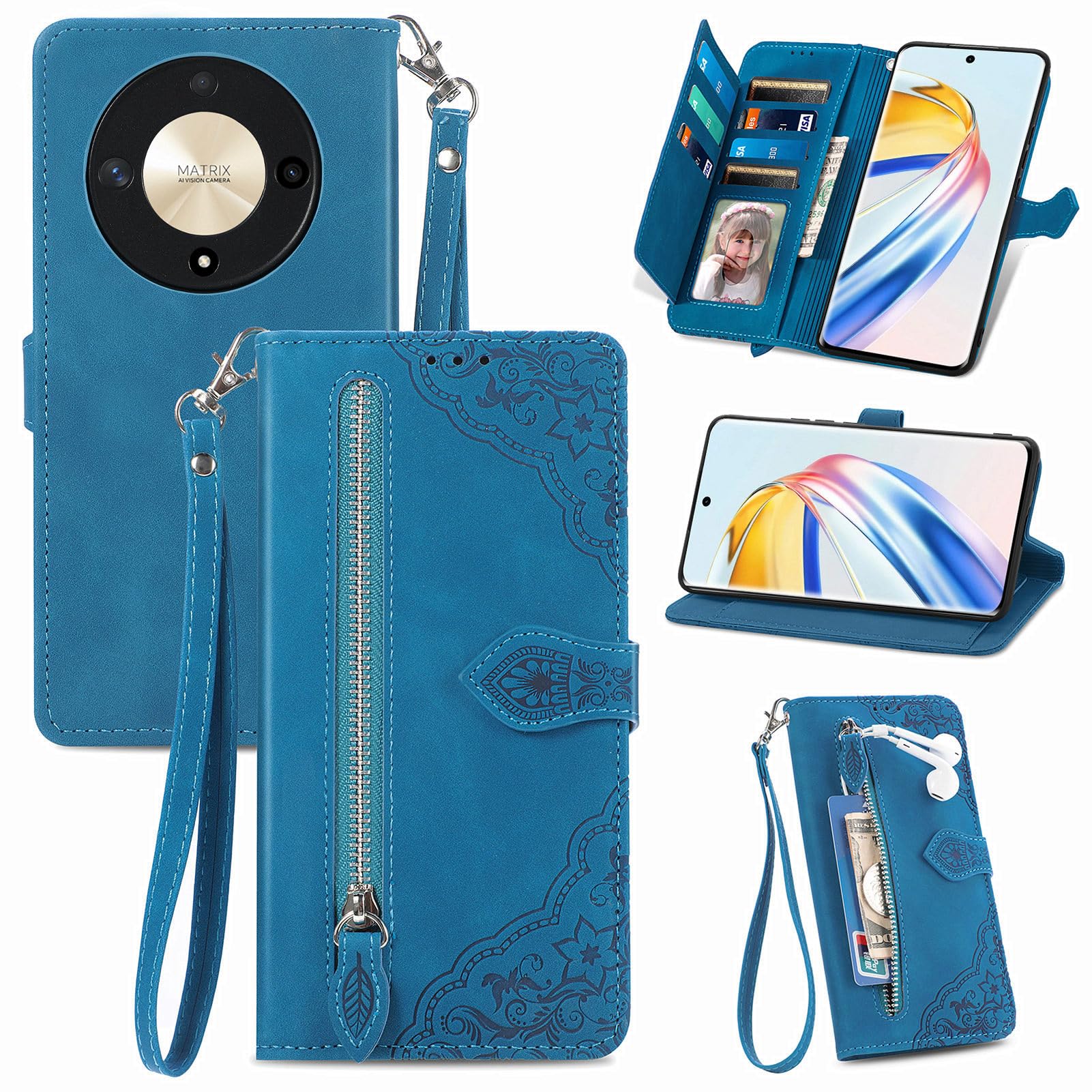 MOJIA Flip Case Compatible with Honor Magic6 Lite 5G (Magic 6 Lite) / X9b, PU Leather Zipper Wallet Case Flip Phone Cover with TPU Shell, Card Holder Multifunctional Case. Blue — image 1