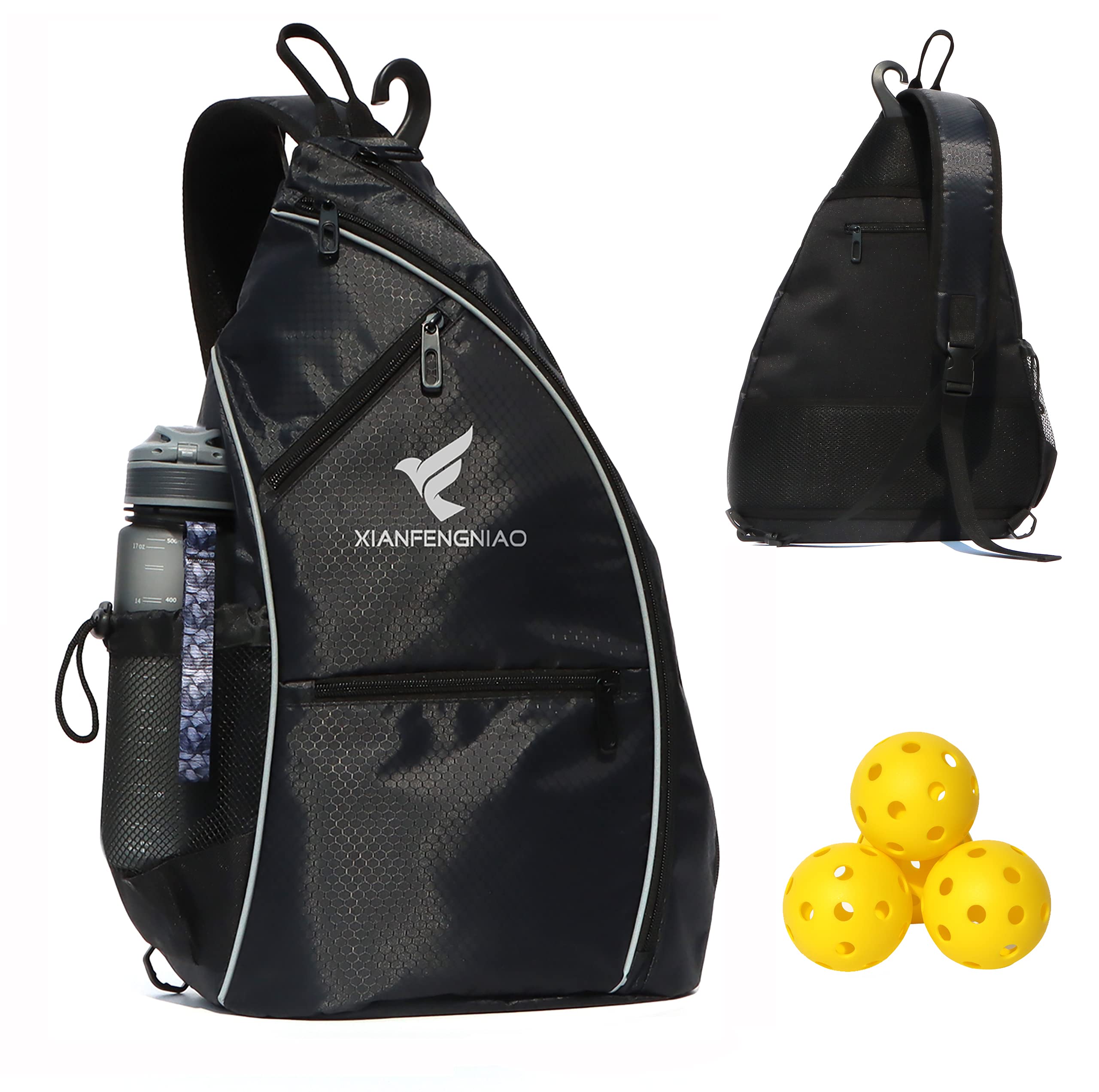 XIANFENGNIAO Sling Bags Sports Pickleball Bag Pickleball Backpack for Men Women Adjustable Tennis Bag for Paddle with Fence Hook,Water Bottle Holder (Black)