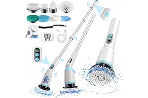 New Upgrade Kimeetol Electric Spin Scrubber with Remote Control, IPX7 Cordless Cleaning Brush with 9 Brush Heads, 2 Adjustable Angles, Long Handle Power Scrubber for Bathroom, Shower, Tub, Floor-White