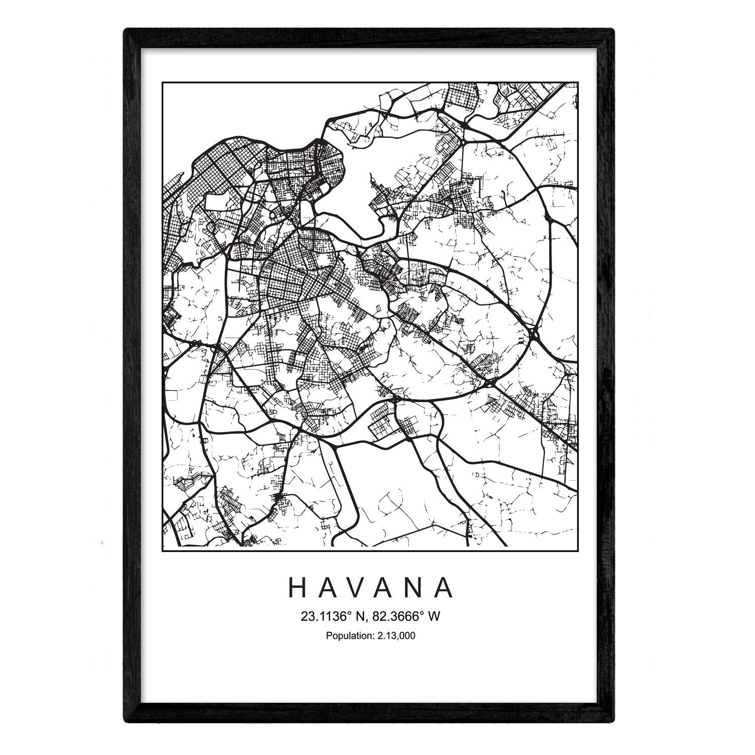 Print Havana city map Nordic style black and white. A3 size poster Printed paper No 250 gr. Paintings, prints and posters for living room and bedroom