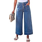 luvamia Wide Leg Jeans for Women Cropped High Waisted Trendy Button Fly Patch Pocket Stretchy Denim Pants Trousers Jeans