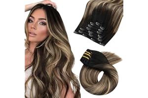 Moresoo Clip in Hair Extensions Real Human Hair Balayage Double Weft Human Hair Clip in Extensions Ombre Black to Brown with Caramel Blonde Full Head Set 7Pcs 120G 18inch