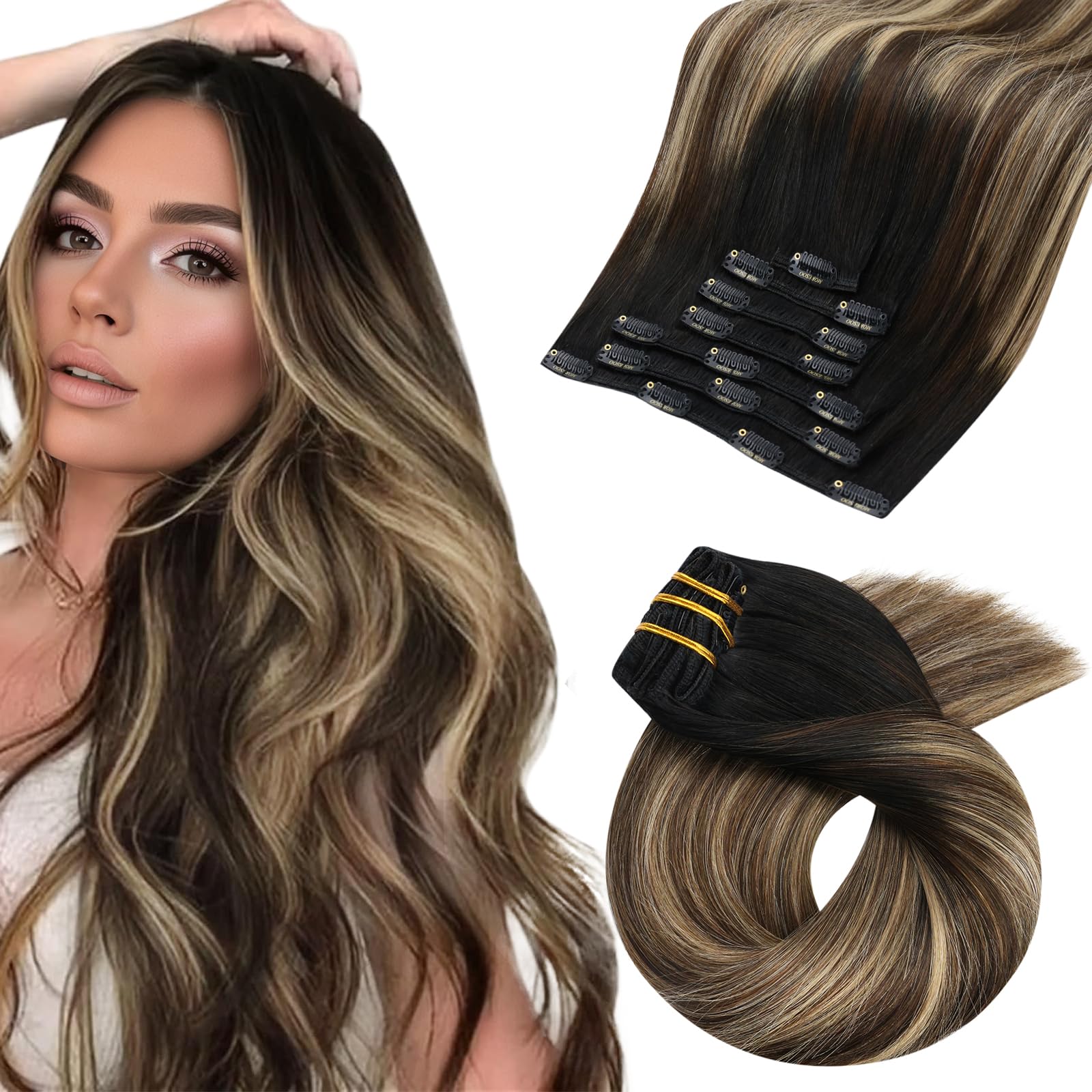 Moresoo Human Hair Clip in Extensions Double Weft Real Hair Extensions Ombre Black to Brown with Caramel Blonde Clip in Hair Extensions Real Human Hair 120G/7Pcs 16 inch #1B/3/27 โ image 1