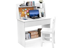 RUPOLX White Kids Desk and Chair Set for 5-12 Year Old, Childrens Computer Desk with Charging Station, Kids Study Table with Drawers and Storage Shelf
