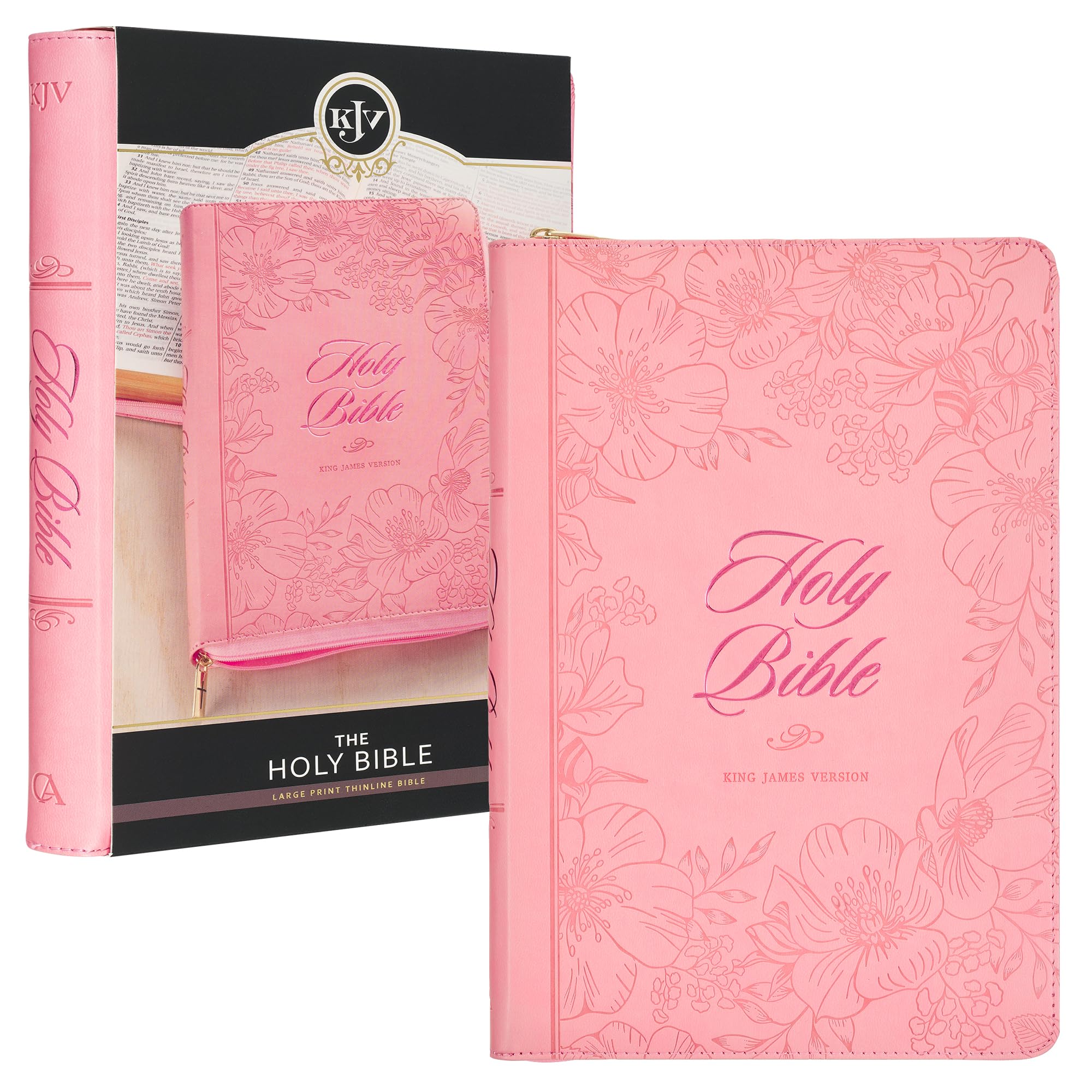 KJV Holy Bible, Thinline Large Print Faux Leather Red Letter Edition Thumb Index, Ribbon Marker, King James Version, Pink Debossed Floral Sunrise Pink, Zipper Closure (KJV Thinline LP Editions) KJV Holy Bible, Thinline Large Print Faux Leather Red Letter Edition Thumb Index, Ribbon Marker, King James Version, Pink Debossed Floral Sunrise Pink, Zipper Closure (KJV Thinline LP Editions) Imitation Le