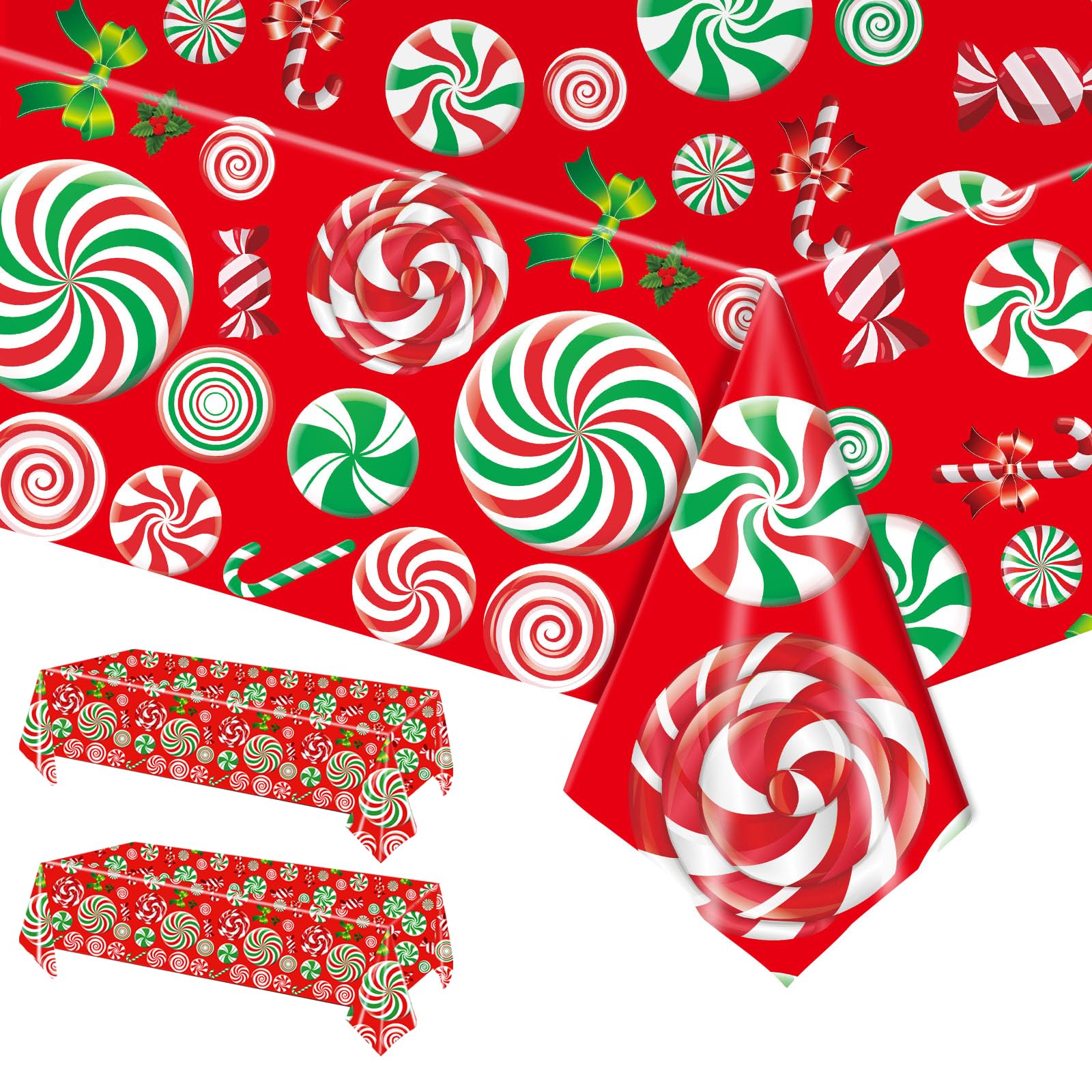 POPOYU 2Pcs Christmas Table Cloth,137 * 274cm Large Red Rectangular Christmas Table Cloth,Candy Lollipop Xmas Dinner Table Cover,Merry Christmas Tablecloth for Winter Holiday Christmas Party Supplies