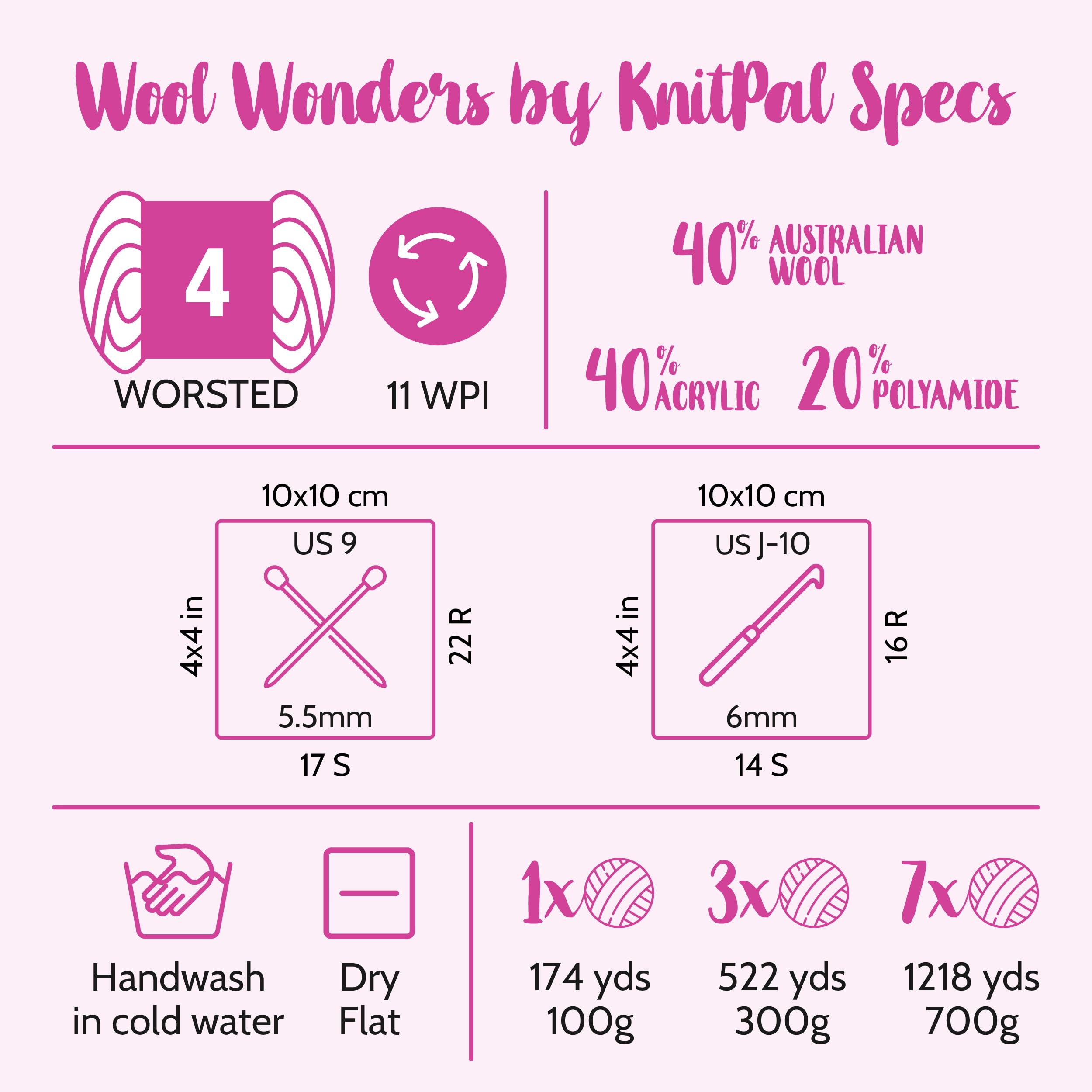 KnitPal Woolen Delights Soft Wool Yarn for Crocheting, 40% Wool, 40% Acrylic, 20% Polyamide - Wool Blend Yarn - #4 Aran/Heavy Worsted Weight Wool Yarn - 3 Skeins, 522yds/300g - Bubblegum Pink