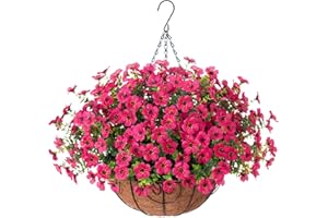 HyeFlora Artificial Fake Hanging Plants Flowers Basket for Outdoor Outside Porch Summer Decoration, Faux Silk Hotpink Dasiy UV Resistant Realistic in Planter for Home Patio Garden Yard
