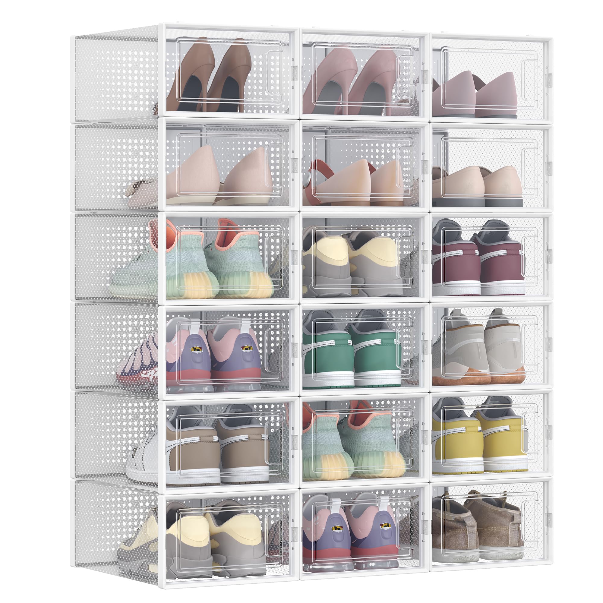 SONGMICS Shoe Boxes, Pack of 18 Stackable Shoe Storage Organisers, Foldable and Versatile for Sneakers, Fit up to UK Size 9.5, Transparent and White LSP18SWT