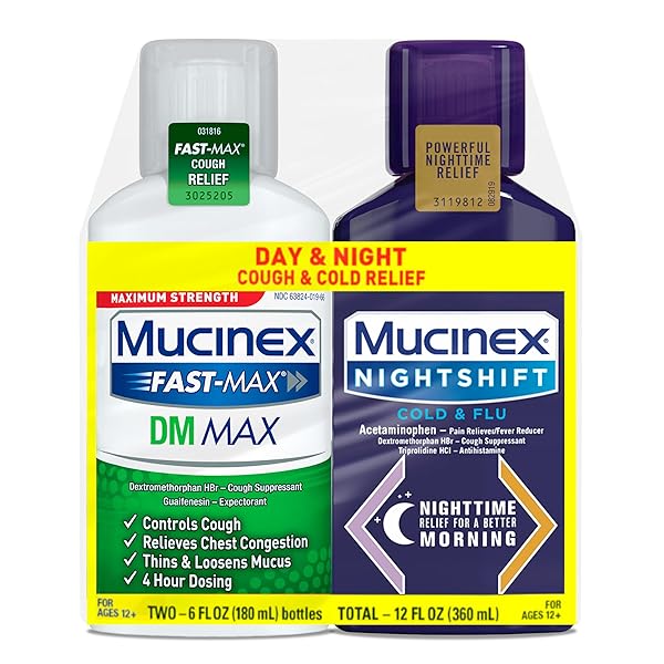 MAXIMUM STRENGTH MUCINEX FASTMAX DM MAX & MUCINEX NIGHTSHIFT COLD & FLU LIQUID (2 X 6 FL. OZ.) THINS & LOOSENS MUCUS, RELIEVES COUGH & CHEST CONGESTION, PAIN, FEVER, SNEEZING, SORE THROAT, RUNNY NOSE