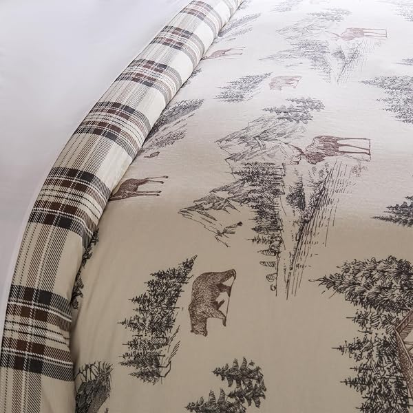 LEVTEX HOME – LODGE TOILE COMFORTER SET – KING COMFORTER (106 X 94IN.) TWO KING PILLOW CASES (36 X 20IN.) – TOILE – BROWN IVORY CHARCOAL – COTTON