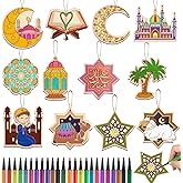 HOWAF 36pcs Ramadan Crafts for Kids Ramadan Coloring Ornaments, Eid Mubarak Coloring Wood Ornaments, Color Your Own Islamic Moon Ornament for Eid Holiday Activity School DIY Drawing Project Supplies