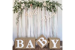 UNIDEMO Burlap Print Baby Shower Boxes for Gender Reveal Party Gender Neutral Baby Shower Centerpiece Decor - 4 Pcs Burlap Grain Baby Cubes Baby Blocks with Letters, Rustic Baby Shower Decorations